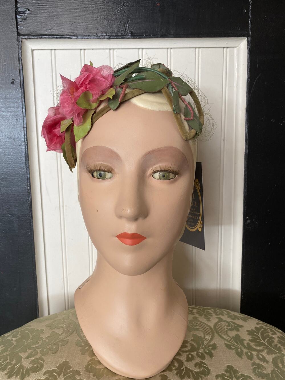 vintage 1950s pink flower half hat, 50s floral headpiece, bridal millinery, vlv